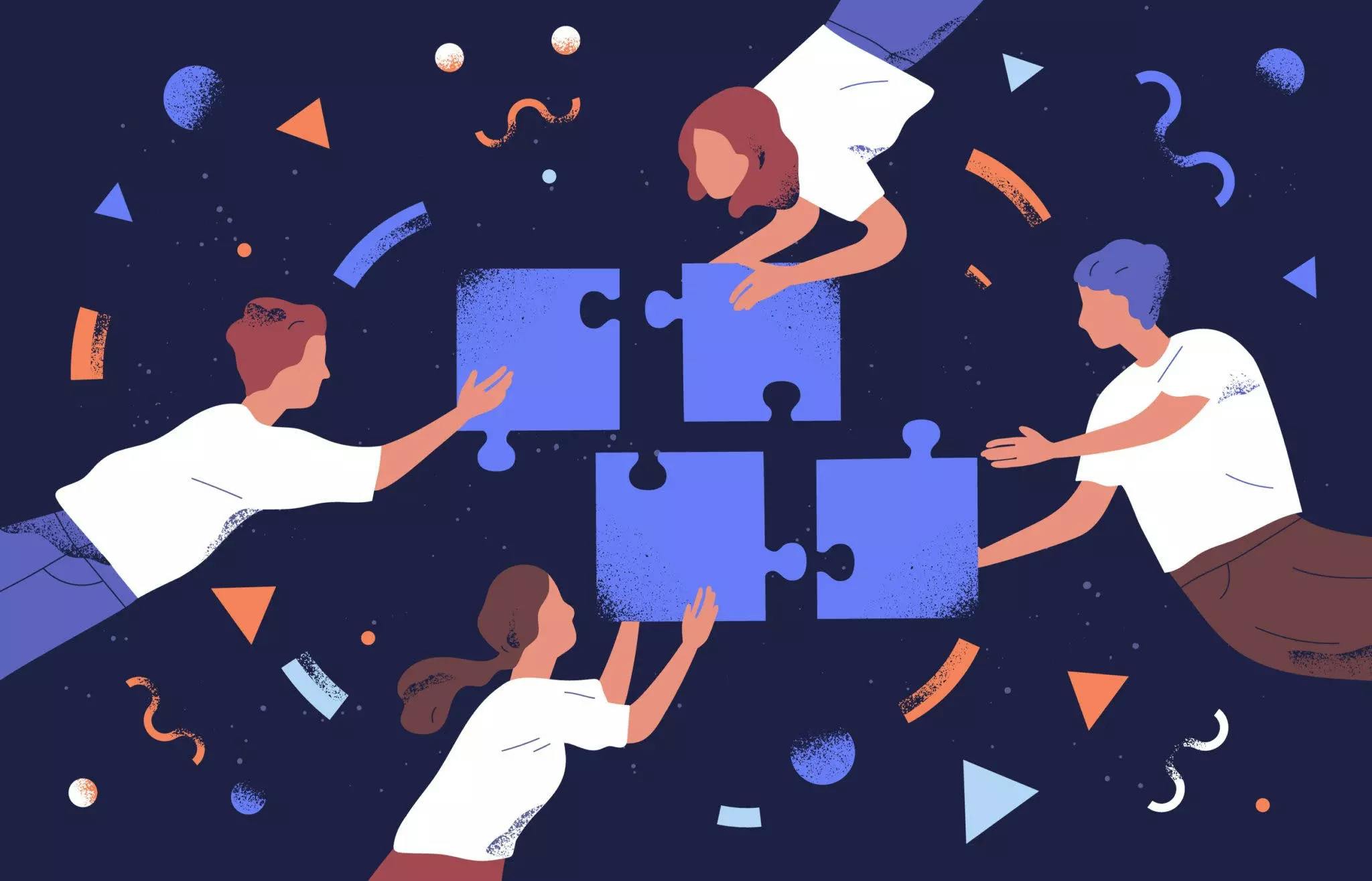 Une illustration vectorielle stylisée de quatre personnes flottant sur un fond bleu foncé, collaborant pour assembler quatre grandes pièces de puzzle bleues.