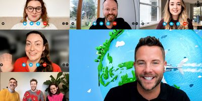 A video call grid of six windows, with smiling participants at home in the smaller tiles and a host in a black T-shirt in the large tile, in front of an illustrated globe with a plane flying past.
