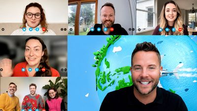 A video call grid of six windows, with smiling participants at home in the smaller tiles and a host in a black T-shirt in the large tile, in front of an illustrated globe with a plane flying past.