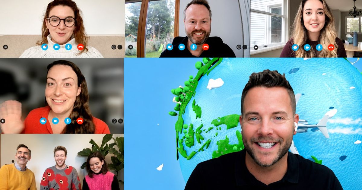 A video call grid of six windows, with smiling participants at home in the smaller tiles and a host in a black T-shirt in the large tile, in front of an illustrated globe with a plane flying past.