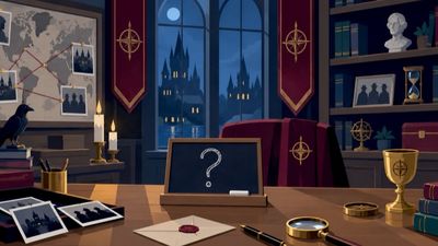 An illustrated study at night with a castle through the window, a chalkboard showing a question mark, a wax-sealed envelope, a magnifying glass and pinned photos of shadowy figures.