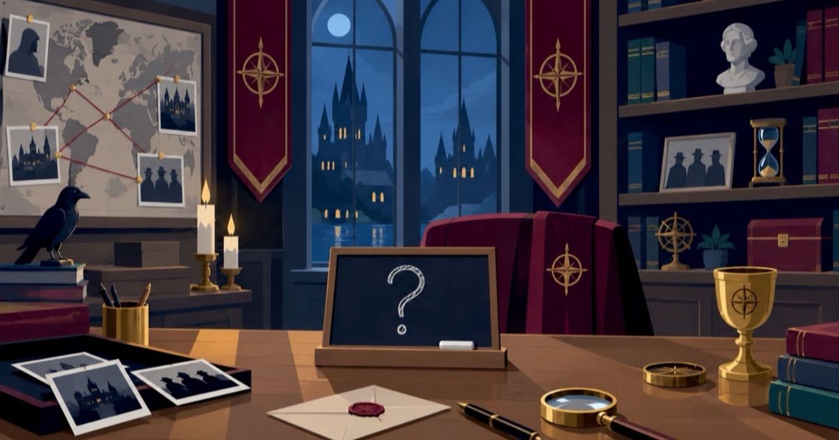 An illustrated study at night with a castle through the window, a chalkboard showing a question mark, a wax-sealed envelope, a magnifying glass and pinned photos of shadowy figures.