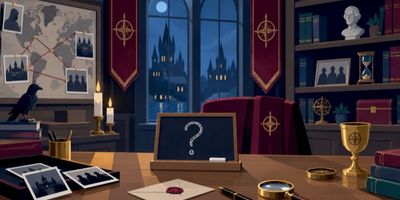 An illustrated study at night with a castle through the window, a chalkboard showing a question mark, a wax-sealed envelope, a magnifying glass and pinned photos of shadowy figures.