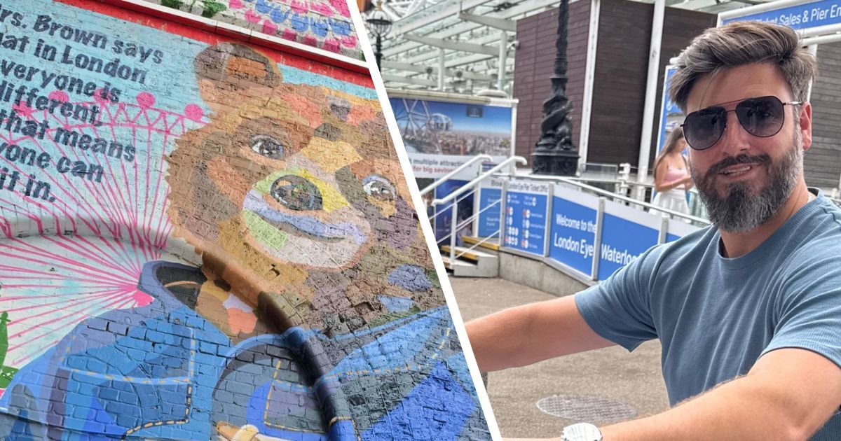 Two moments from Sumo Logic's Urban Explorer activity in Waterloo: a Paddington Bear street-art mural on a railway arch, and a participant photographing himself at the London Eye Waterloo Pier entrance
