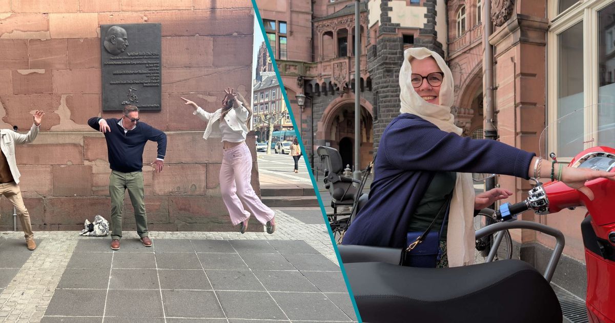 IHG colleagues jumping and posing for a team photo challenge beside a memorial plaque on a sandstone wall, and a colleague smiling next to a red scooter in Frankfurt's old town