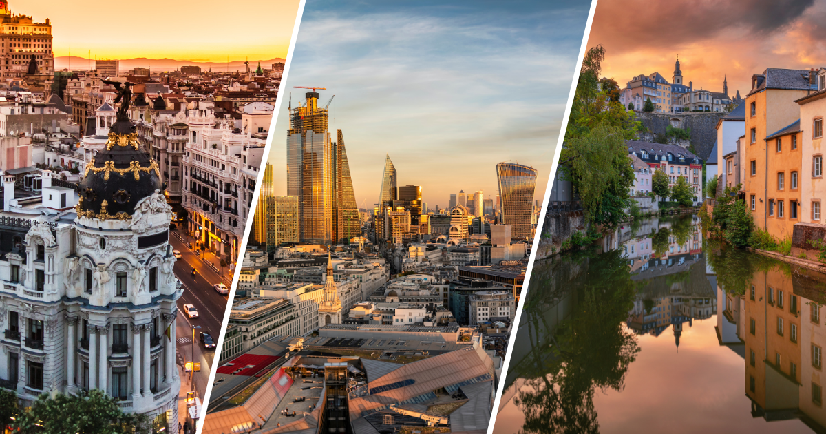 Split cityscape image of Madrid, London and Luxembourg at dusk, the three cities that took part in Amazon's multi-city GPS challenge