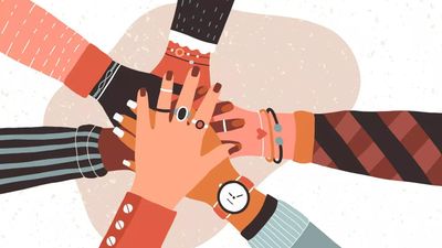 Een platte vectorillustratie van diverse handen gestapeld in het midden, als symbool voor eenheid, samenwerking en teamwork.