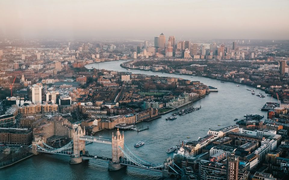 Aerial view of Tower Bridge, the River Thames and the London skyline