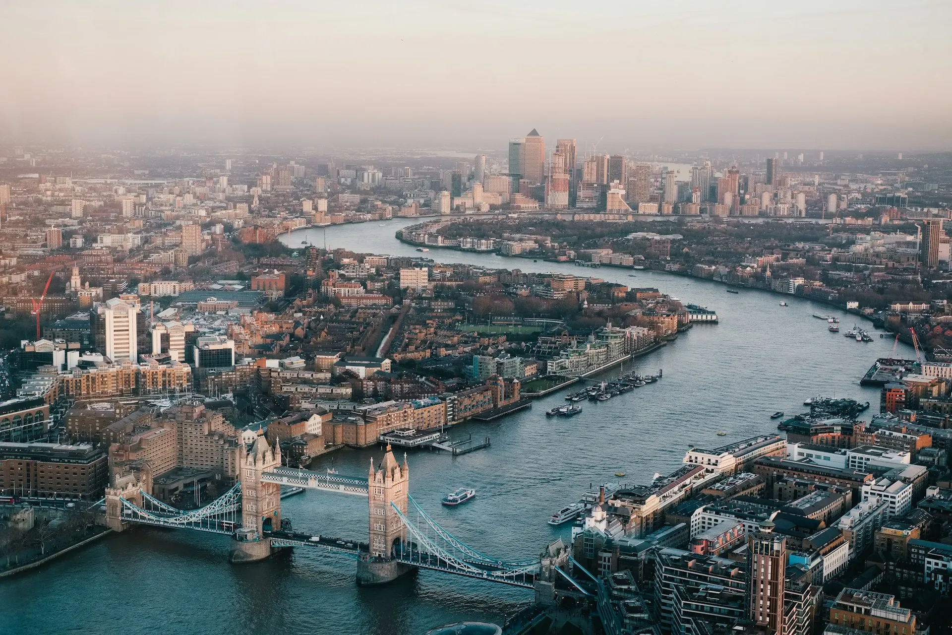 Aerial view of Tower Bridge, the River Thames and the London skyline