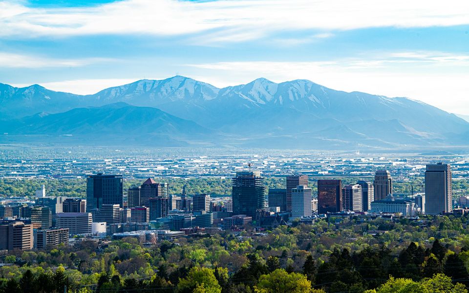 Salt Lake City skyline with the Wasatch Mountains in the background