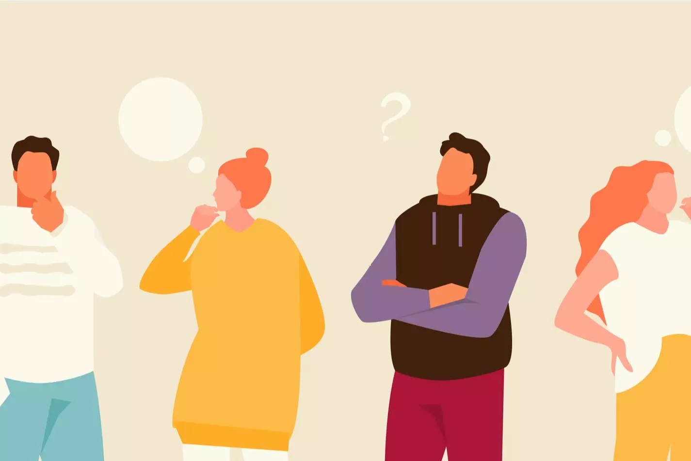 Une illustration vectorielle plane de quatre personnes diverses debout en rang, l'air pensif ou perplexe, avec des bulles de dialogue vides et un point d'interrogation flottant au-dessus d'elles.