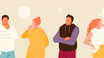 Een vlakke vectorillustratie van vier diverse mensen die naast elkaar staan, met een nadenkende of verwarde uitdrukking, lege praatballonnen en een vraagteken dat boven hen zweeft.