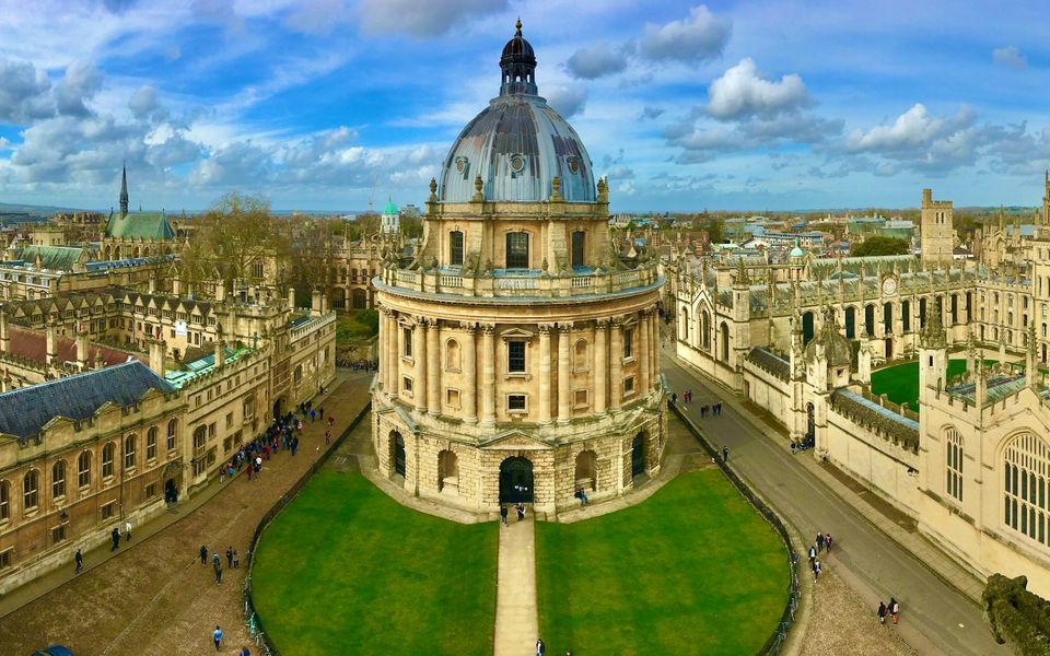 Aerial view of Oxford's Radcliffe Camera and historic university buildings