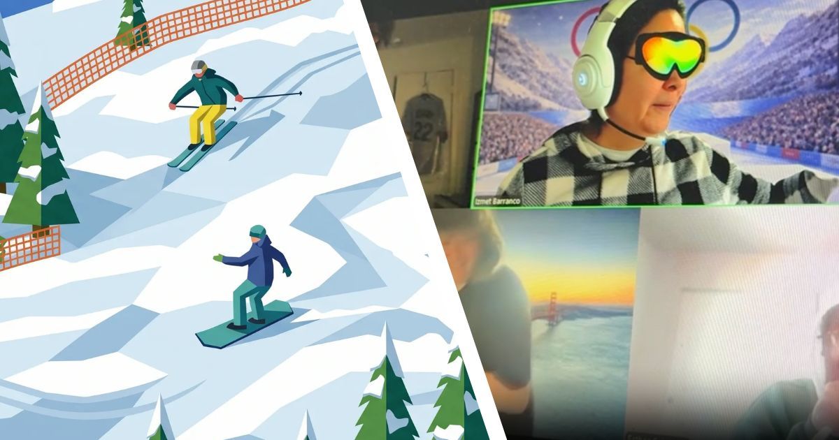 Intrado colleagues joining a virtual Winter Games team activity by video call, one wearing ski goggles in front of a winter sports background
