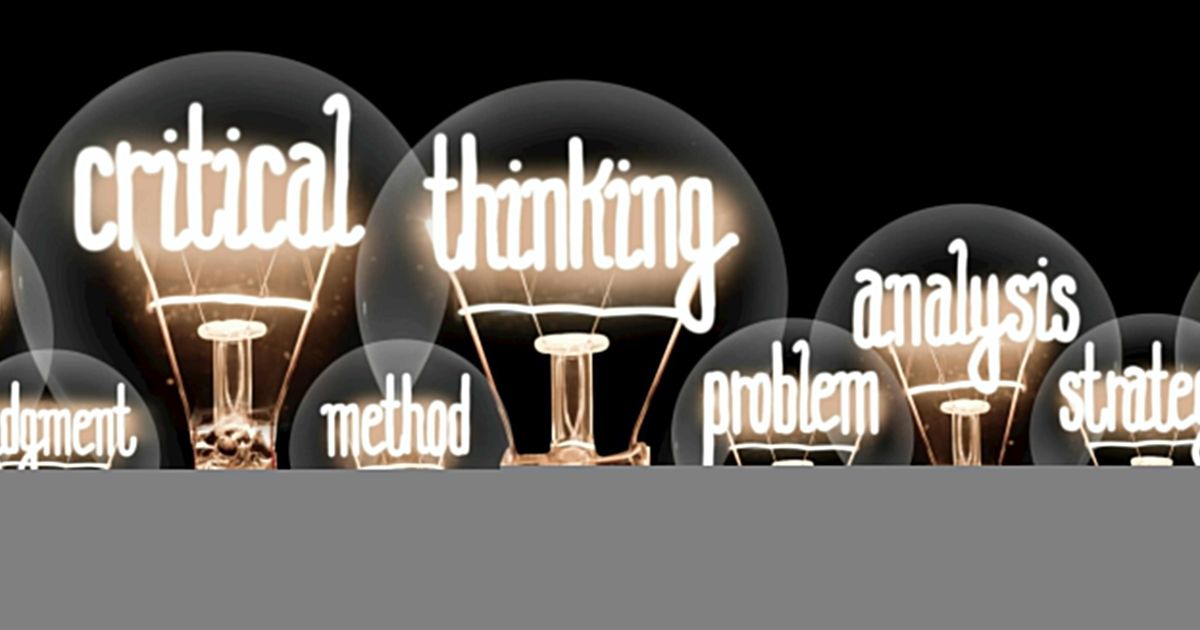 A panoramic banner featuring a row of glowing light bulbs against a black background, with buzzwords related to critical thinking written inside each bulb.