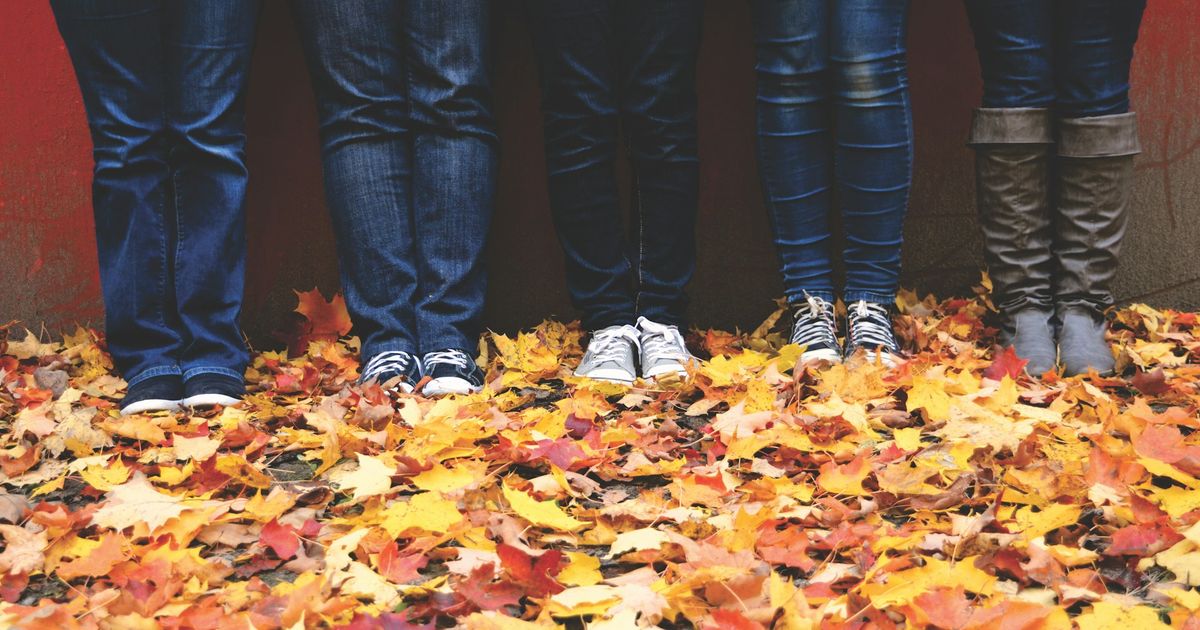 Four people standing side by side against a red wall in jeans, trainers and boots, photographed from the knees down on a pavement thickly covered with yellow and orange autumn leaves.