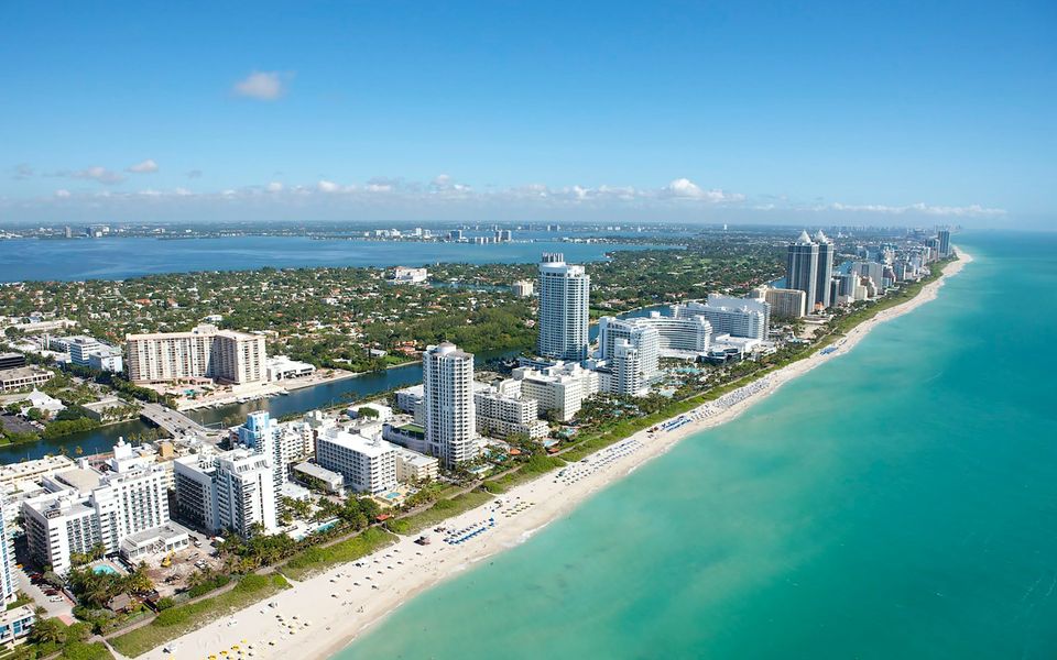 Aerial view of Miami Beach coastline and turquoise ocean